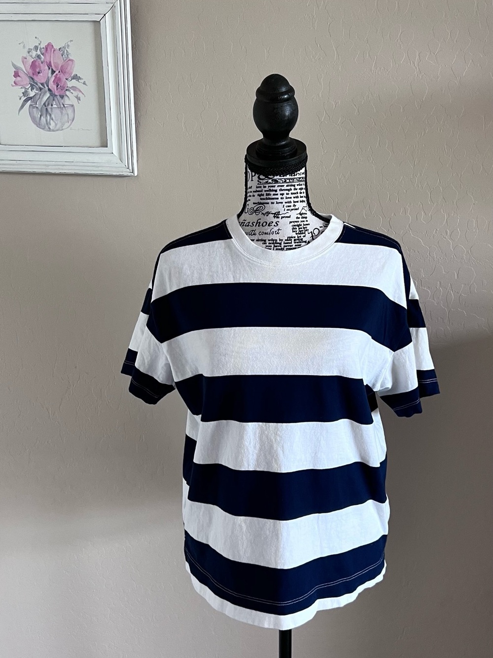Old Navy Navy and White Wide-Strip Tee